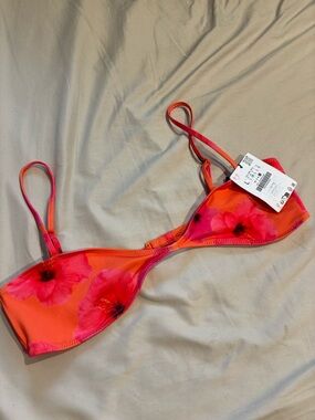 Zara Neon Orange Bikini Top with Pink Floral Print